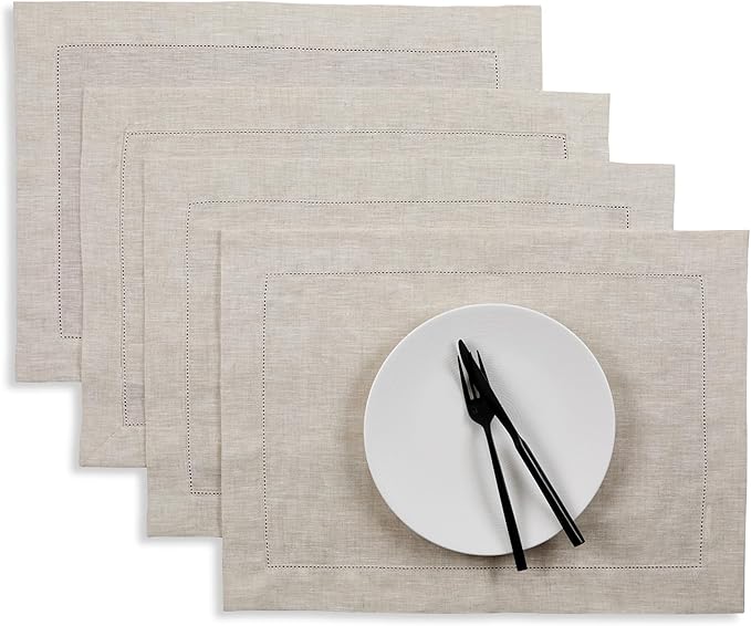 Solino Home Linen Placemats Set of 4 - Classic Hemstitch Light Natural Placemats 14 x 19 Inch - 100% Pure Linen Table Mats for Fall, Autumn, Christmas, Holiday, New Year