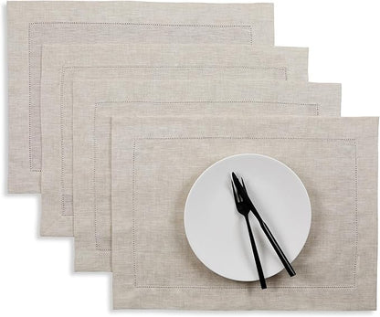 Solino Home Linen Placemats Set of 4 - Classic Hemstitch Light Natural Placemats 14 x 19 Inch - 100% Pure Linen Table Mats for Fall, Autumn, Christmas, Holiday, New Year