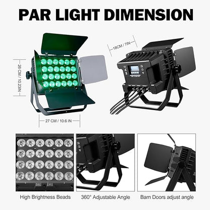 Par Light 300W LED Stage Lights IP65 Waterproof Outdoor RGBWAUV 6in1 Uplights DMX512 Strobe Wash Light Sound Activated for Outdoor Show Christmas Party Wedding