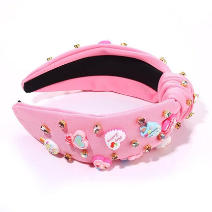 Knotted Headband for Women Lollipop Birthday Cake Crystal Jeweled Embellished Top Knot Hairband Statement Wide Turban Hair Hoop Funny Gifts for Girls Sister Birthday Xmas Holiday Party