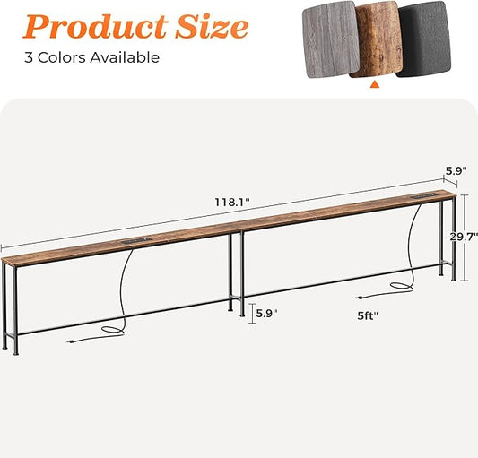 SUPERJARE 118.1 Inch Sofa Table with 2 Power Outlets and USB-C Port, 5.9 Inch Narrow Console Table with Storage, Extra-Long, for Entryway Hallway Couch Behind Sofa, Small Spaces, Rustic Brown