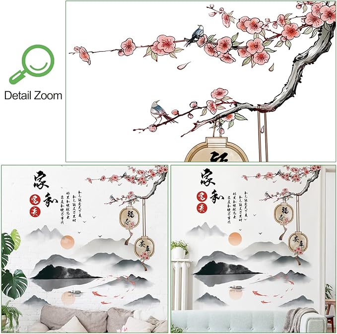 Removable 3D Chinese Style Landscape Mountain Water Wall Decals Chinese Characters Family and Peace with Plum Flower Tree Branches Wall Murals for Bedroom Living Room TV Sofa Background
