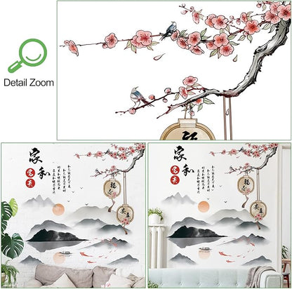 Removable 3D Chinese Style Landscape Mountain Water Wall Decals Chinese Characters Family and Peace with Plum Flower Tree Branches Wall Murals for Bedroom Living Room TV Sofa Background