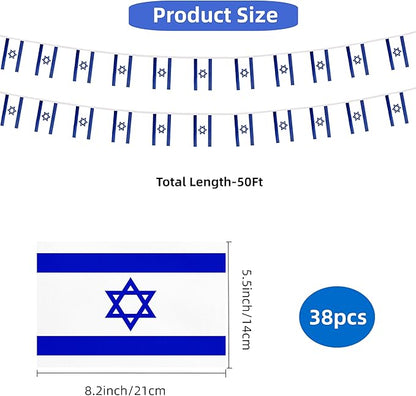 Israel Small String Flags, 50 Feet 38 Pcs Israeli Pennant Banner Bunting Flags, Patriotic Events, Independence Day, Country Festival, Commemoration, Decorations (Israel)