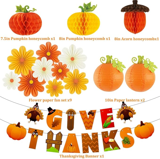 Thanksgiving Party Decorations Give Thanks Banner Paper Lanterns Honeycomb Pumpkins Fall Acorn Paper Fans for Fall Friendsgiving Turkey Thanksgiving Decor Indoor Outdoor