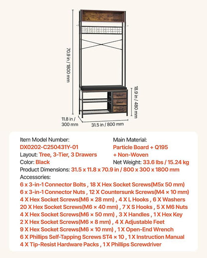 VEVOR Hall Tree with Bench and Shoe Storage, Entryway Bench with Coat Rack, 3 Drawers, 3 Storage Cubbies, 7 Hooks with Soft Cushion for Entryway, Hallway