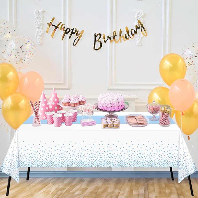 WNINK 2 Pack White and Light Blue Tablecloths, Light Blue Disposable Plastic Waterproof Table Cover, 54" x 108", for Birthday, Baby Shower，Wedding, Bridal Shower, Picnic Camping Parties