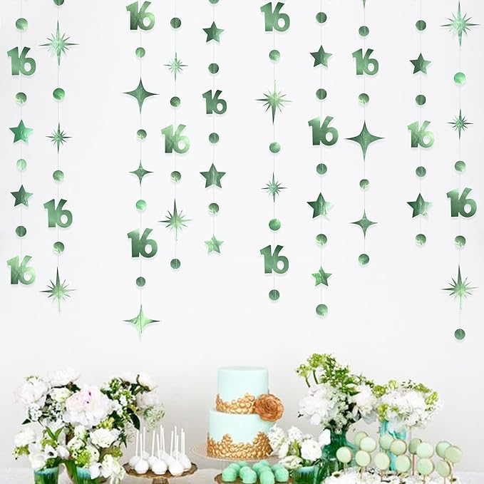 Sage Green Number 16 Circle Dot Twinkle Star Garland Hanging Streamer Bunting Banner Backdrop Decorations for Girls Happy 16th Birthday Sweet Sixteen 16th Anniversary Cheers to 16 Years Party Decor