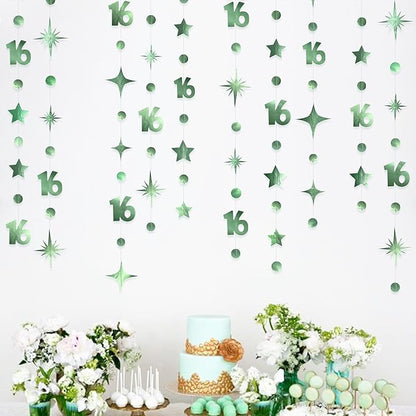 Sage Green Number 16 Circle Dot Twinkle Star Garland Hanging Streamer Bunting Banner Backdrop Decorations for Girls Happy 16th Birthday Sweet Sixteen 16th Anniversary Cheers to 16 Years Party Decor