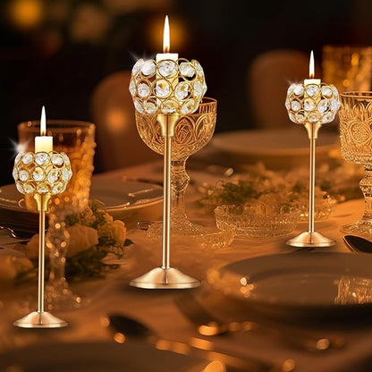 Crystal Candle Holders Set of 3 for Wedding Centerpieces Gold Or Silver Candle Holders Bulk Decorative Tealight Candle Holder for Wedding, Party,Table Centerpieces Decoration (Golden, 4Sets(12 Pcs))