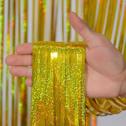Foil Fringe Curtains Happy Retirement Decorations - Melsan 3 Pack 3.2 x 8.2 ft Gold Tinsel Curtain Party Photo Backdrop for Birthday Party Baby Shower or Graduation
