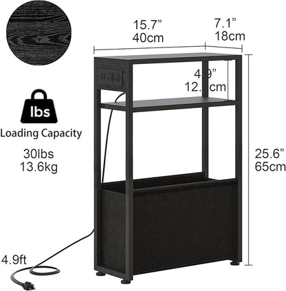 Black Side Table with Charging Station, Slim End Tables with Fabric Basket, Skinny Table for Small Spaces, Thin Bedside Table for Living Room, Bedroom