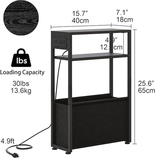 Black Side Table with Charging Station, Slim End Tables with Fabric Basket, Skinny Table for Small Spaces, Thin Bedside Table for Living Room, Bedroom