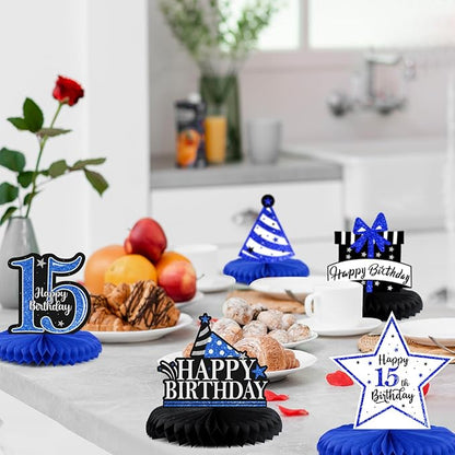 Happy 15th Birthday Decorations,15th Birthday Blue Glitter Shiny Stand Honeycomb Table Centerpieces - Cheers to Fifteen Years Old Birthday Party Photoprop Gift Sign.