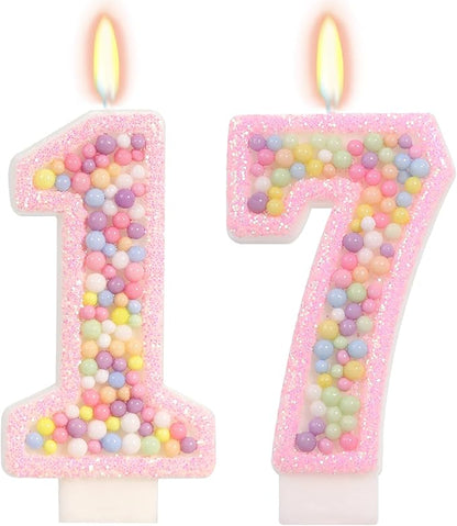 Birthday Candles - Number 17 Candle, Colorful Macaron Candles, 17 Birthday Decorations for Girls, Cake Decorations, Sweet Theme Party Supplies (Pink)
