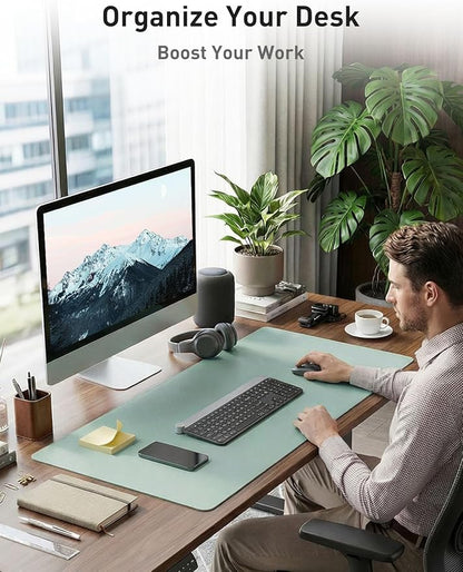 Aothia Faux Leather Desk Mat - Non-Slip PU Leather Desk Blotter, Waterproof Writing Surface, Large Desk Pad for Office & Home (Light Blue, 55" x 17")