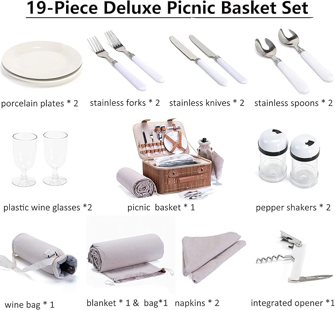 Picnic Basket Set for 2 with Waterproof Blanket Insulated Wine Pouch Hamper with Cutlery for Two Persons, Family,Couple,Camping,Outdoor,Wedding Gift, Birthday