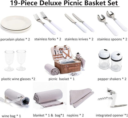 Picnic Basket Set for 2 with Waterproof Blanket Insulated Wine Pouch Hamper with Cutlery for Two Persons, Family,Couple,Camping,Outdoor,Wedding Gift, Birthday