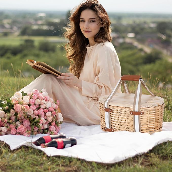 Picnic Basket Set for 4 - Wicker Insulated Picnic Basket with Folding Wine Table, Wine Picnic Kit with Liner for Couples, Camping, Outdoor, Valentine (WhiteFlower)