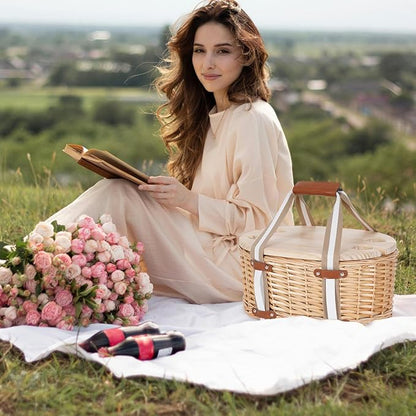 Picnic Basket Set for 4 - Wicker Insulated Picnic Basket with Folding Wine Table, Wine Picnic Kit with Liner for Couples, Camping, Outdoor, Valentine (WhiteFlower)