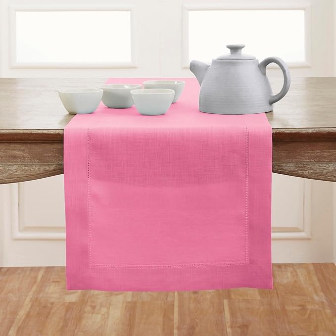 Solino Home Linen Flamingo Pink Hemstitch Table Runner 60 Inches - 100% Pure Linen Small Table Runner 14 x 60 Inch Ideal for Dresser and Coffee Tables - Classic Hemstitch