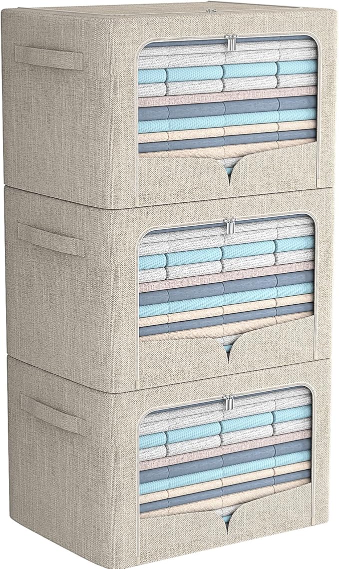 FHSQX 3 Pack Clothes Storage Bins - Foldable Metal Frame Storage Box - Stackable Linen Fabric Container Organizer Set with Carrying Handles and Clear Window (Beige, 19.7x15.7x13inch(66L))