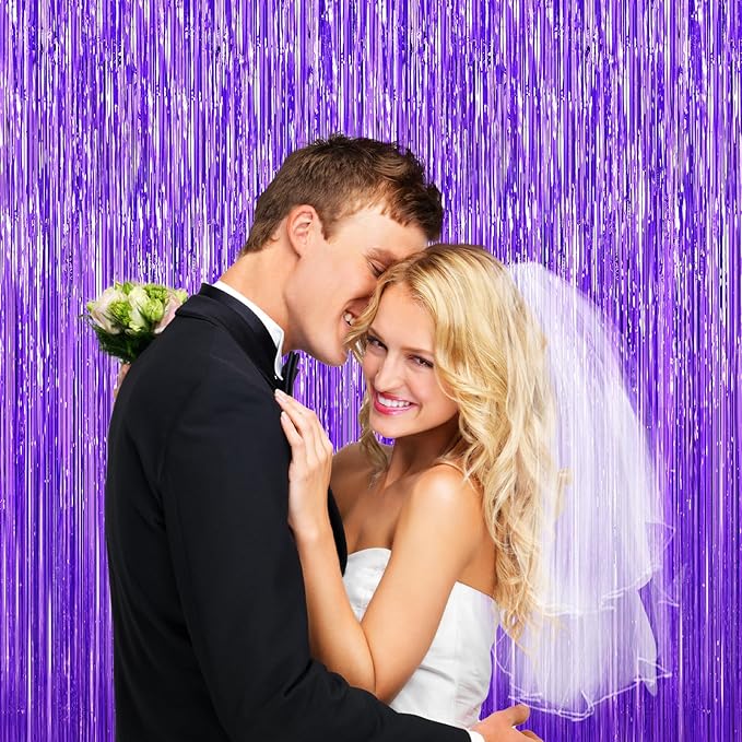 Purple Tinsel Backdrop Foil Fringe Curtains - 2 Packs Door Streamers Backdrop for Birthday Door Decorations, Party Supplies for Bachelorette, Graduation, Christmas, Disco Decor