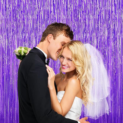 Purple Tinsel Backdrop Foil Fringe Curtains - 2 Packs Door Streamers Backdrop for Birthday Door Decorations, Party Supplies for Bachelorette, Graduation, Christmas, Disco Decor
