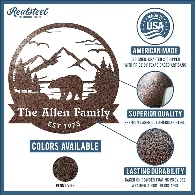 RealSteel Personalized Bear Metal Sign - Custom Outdoor Wall Art with Mountain Scene - Circular Design for Porch, Patio, Lawn & Garden Décor - Textured Silver, 18"
