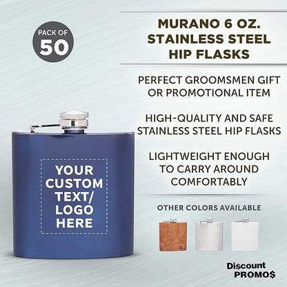 Custom Murano Stainless Steel Hip Flasks 6 oz. Set of 50, Personalized Bulk Pack - Screw on Cap, Great for Wedding Party Gifts, Groomsmen Gifts, Outdoor Activities - Blue