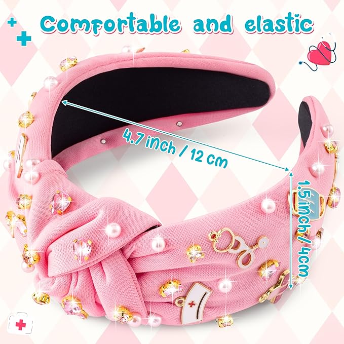 PANTIDE Nurse Jeweled Knotted Headband - Christmas Nurse Day Gift Medical Mask Rhinestone Crystal Pearl Embellished Headband Wide Top Knot Hair Accessories for Doctor Nursing Student Women Girl (Pink)