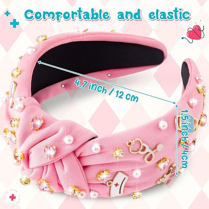 PANTIDE Nurse Jeweled Knotted Headband - Christmas Nurse Day Gift Medical Mask Rhinestone Crystal Pearl Embellished Headband Wide Top Knot Hair Accessories for Doctor Nursing Student Women Girl (Pink)