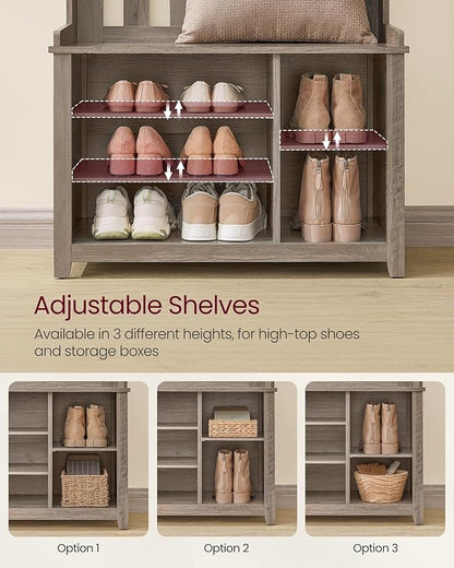 VASAGLE Hall Tree with Bench and Shoe Storage, Coat Rack with Shoe Bench, 7 Double Hooks for Jackets, Hats, Entryway, Bedroom, Living Room, 13.8 x 31.9 x 70.9 Inches, Heather Greige UHSR414G01