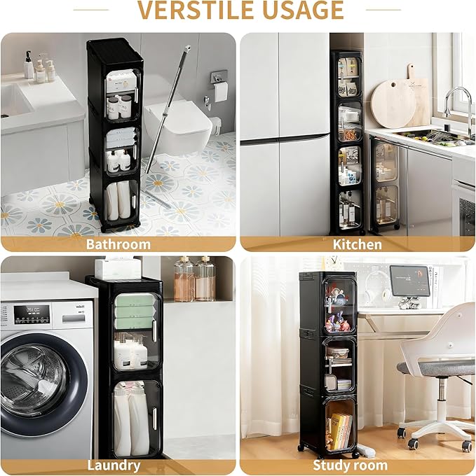 2-Tier Slim Narrow Storage Cabinet with Adjustable Shelves and Movable Wheels, Anti-Tip, Bathroom Storage and Organizers for Small Space, Bathroom, Kitchen, Laundry, Black