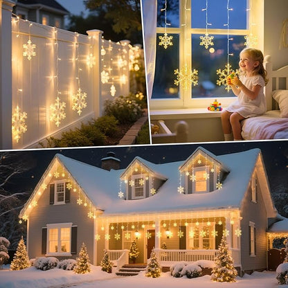 2 Pack 13 Ft 192 LED Snowflake Christmas Icicle Lights with 16 Drops, 8 Modes and Timer, IP65 Waterproof Connectable for Indoor Outdoor House Window, Warm White