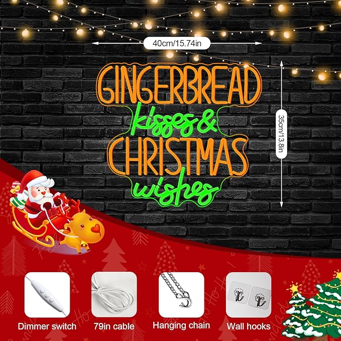 Horseneon Christmas Neon Sign Gingerbread Kisses Christmas Wishes Neon Sign Bright LED Wall Decoration for Home Kitchen Bakery USB Power Sweet Treats Neon Signs for Christma