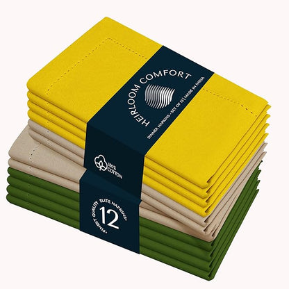 Multi Color Cloth Napkins 18x18 Inch - Set of 12-100% Cotton, Washable - Perfect Hotel Quality Napkin for Table, Dinner, Weddings, Everyday Dining - Lemon Yellow, Beige, Mint Green