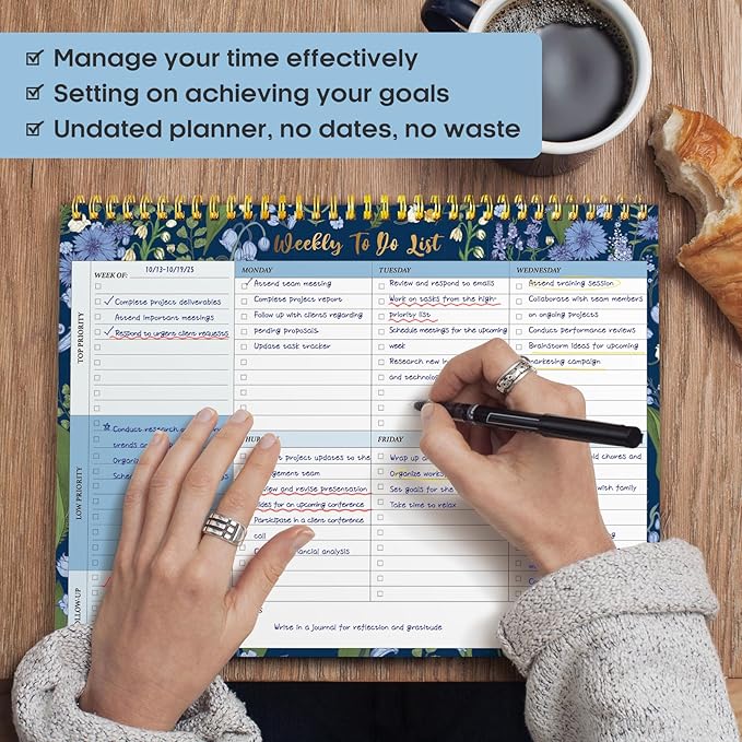 Taja Weekly To Do List Notepad with 52 Undated Sheets（8.5"×11"）- Weekly Desk Planner for Women & Man, Work and Home - 1 Pack Ocean Bloom