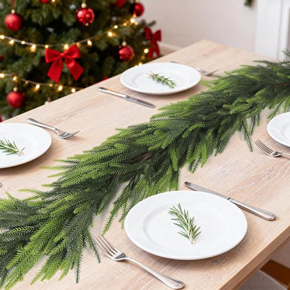 2 Pcs 9 Ft Norfolk Pine Garlands, Artificial Real Touch Winter Christmas Green Greenery Garlands for Mantle, Fireplace, Table, Wall, Outdoor, Indoor Christmas Decorations (9 FT, 2)