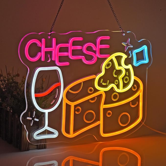 Cheese Neon Sign, Neon Lights Hanging Wall Art Decoration for Store Retail Shop Market Mall Grocery Bakeries Café Celebration Home Decor, USB Powered Ultra Bright Dimmable, 15.75×11.8inches