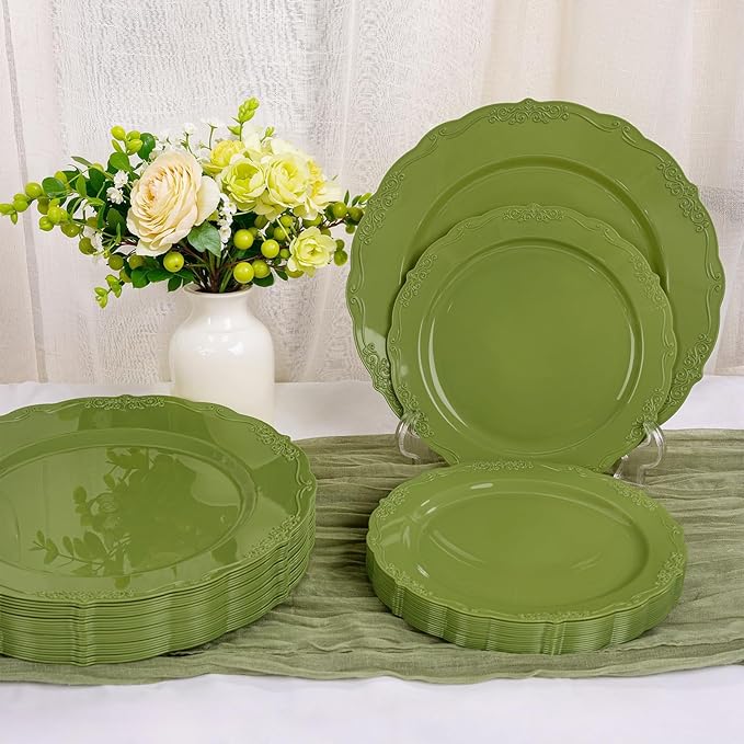U-QE 100PCS Olive Green Plastic Plates - Plastic Green Plates Disposable Heavy Duty - Olive Disposable Plates for Party Including 50PCS 10'' Dinner & 50PCS 7.5'' Dessert