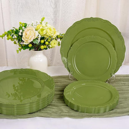 U-QE 100PCS Olive Green Plastic Plates - Plastic Green Plates Disposable Heavy Duty - Olive Disposable Plates for Party Including 50PCS 10'' Dinner & 50PCS 7.5'' Dessert