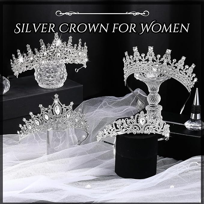 Kigeli 4 Pack Queen Crowns for Women Pageant Crown with Combs Princess Rhinestones Tiara Headband Prom Tiara for Quinceanera Birthday Cosplay Wedding(Silver)