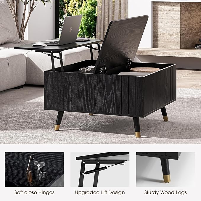 32" Square Lift Top Coffee Table with Storage, Modern Black Center Table for Living Room, Minimalist Wood Cocktail Table with Rising Desktop, Home Office