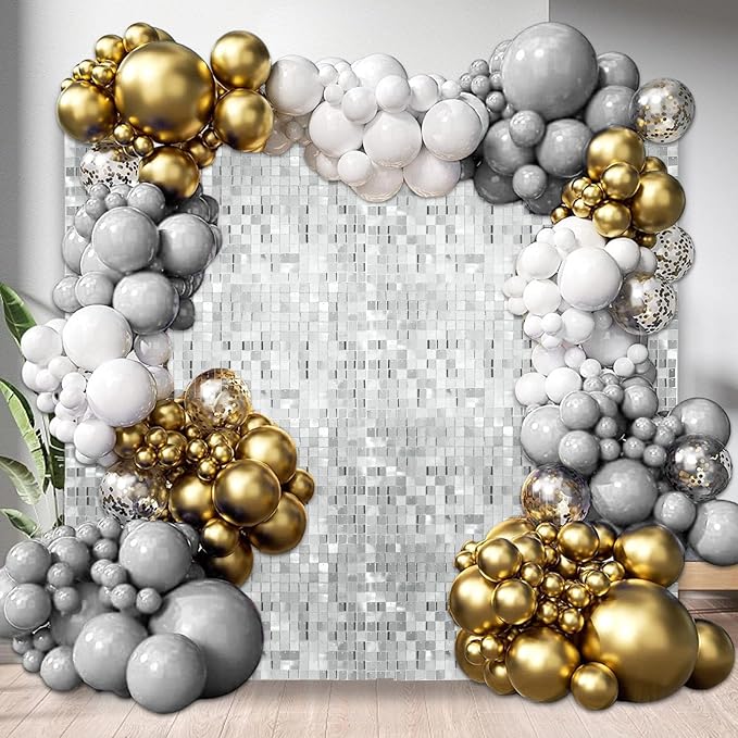 48 PCS Silver Shimmer Wall Backdrop, Square Sequin Photo Backdrops Panel, Glitter Wall Background for Birthdays, Weddings, Christmas, Engagements, Disco Bachelorette Party Decoration (6FTx8FT)