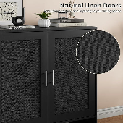 DHZ Buffet Cabinet with Storage & Adjustable Shelf - Farmhouse Sideboard with Black Rattan Decorated Doors, Coffee Bar Cabinet for Kitchen, Dining Room Organizer