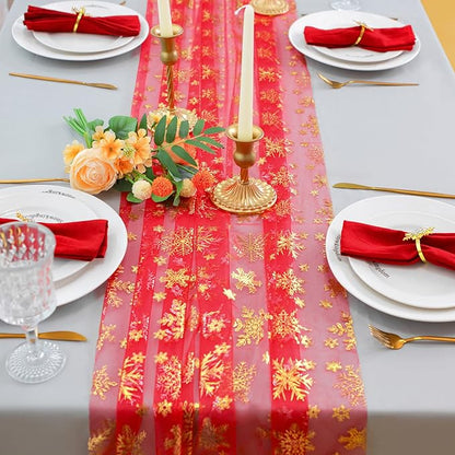 Snowkingdom Red Gold Snowflake Christmas Table Runner 120 Inches Long 10FT Sheer Tulle, Golden Snowflakes Xmas Seasonal Winter Kitchen Dining Holiday Wedding Table Decor for Home Party