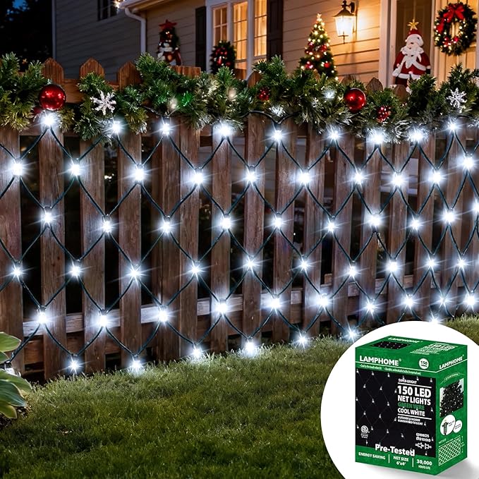 LAMPHOME Led Christmas Net Lights Outdoor Christmas Decorations Lights 150LED 6ftx4ft, Connectable Outdoor Fairy Mesh String Lights for Party, Holiday, Wedding, Tree, Bushes Decorations (White)