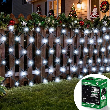 LAMPHOME Led Christmas Net Lights Outdoor Christmas Decorations Lights 150LED 6ftx4ft, Connectable Outdoor Fairy Mesh String Lights for Party, Holiday, Wedding, Tree, Bushes Decorations (White)