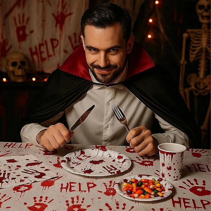 97PCS Scary Halloween Party Supplies Set Bloody Handprint Tableware Decorations Zombie Birthday Themed Party Haunted House Disposable Paper Plates,Cups and Tablecloth(24 Guest)
